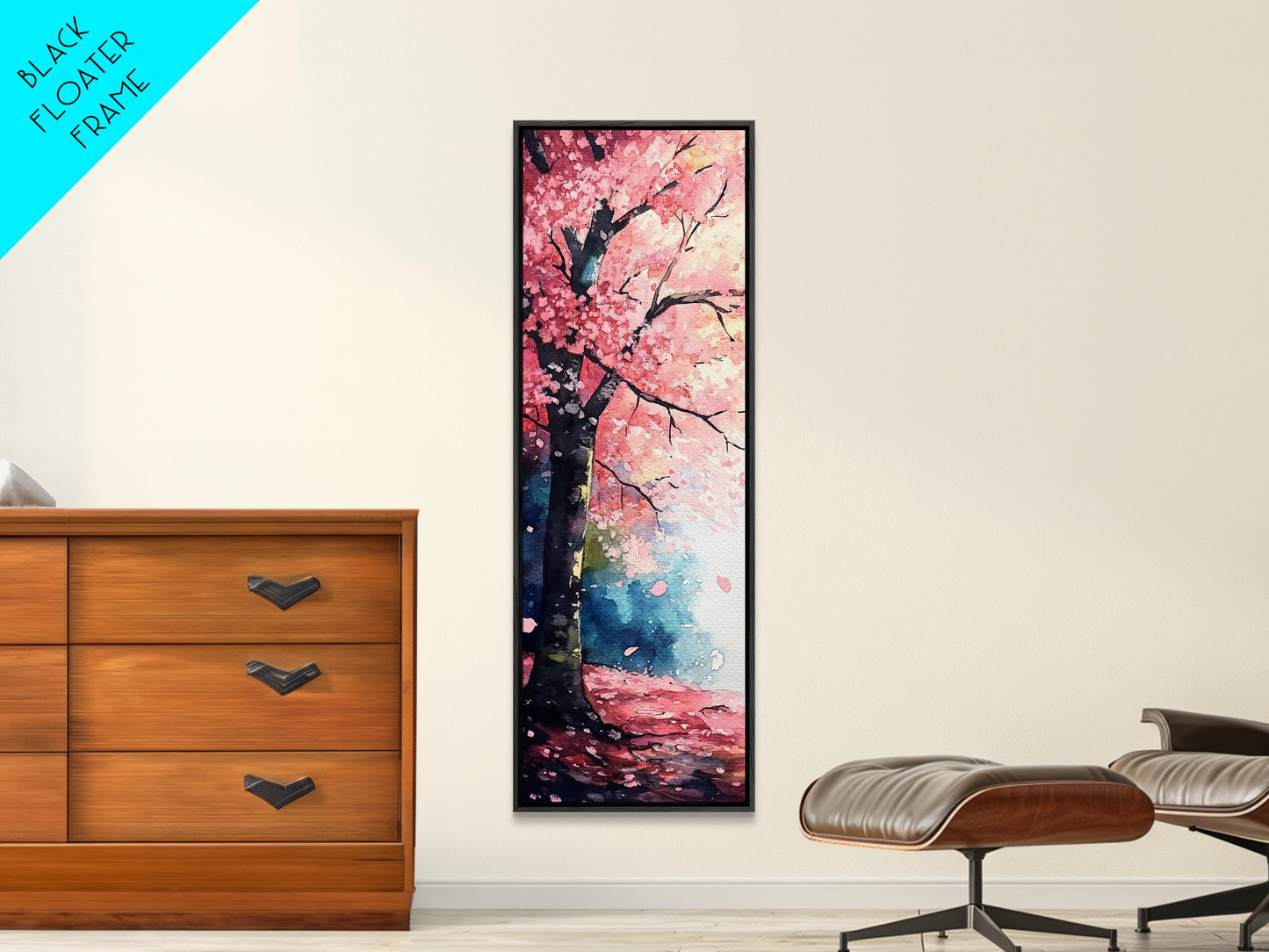 Cherry Blossom Tree Framed Canvas Print, Moody Pink Wall Art, Japanese Botanical Artwork, Vertical Minimalist Decor, Gift Idea