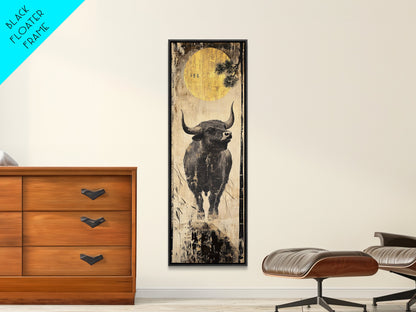 Modern Bull Artwork Framed Canvas Print, Rustic Animal Wall Art, Farmhouse Decor, Vertical Skinny Art, Pine Tree Moonlight Scene