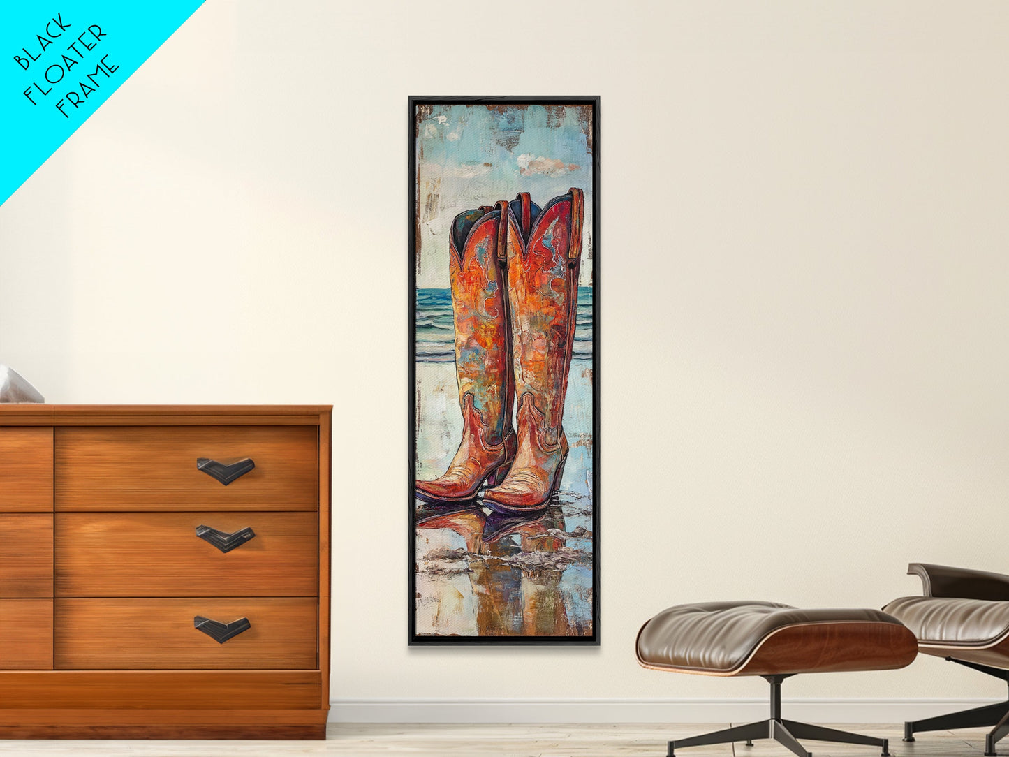 Rustic Cowboy Boots Canvas Print, Coastal Cowgirl Wall Art, Farmhouse Rustic Decor, Western Style Vertical Skinny Artwork