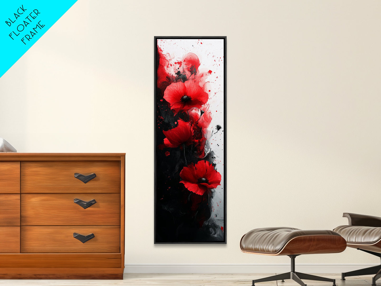 Dramatic Poppy Art Black and White Red Wall Art Framed Canvas Print California Poppy Art Rustic Home Decor Tall Skinny Art