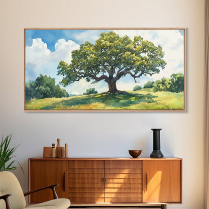 Sprawling Oak Tree Canvas Print Rustic Wall Art Panoramic Painting Nature Scene Bedroom Decor Horizontal Artwork Farmhouse Wall Art