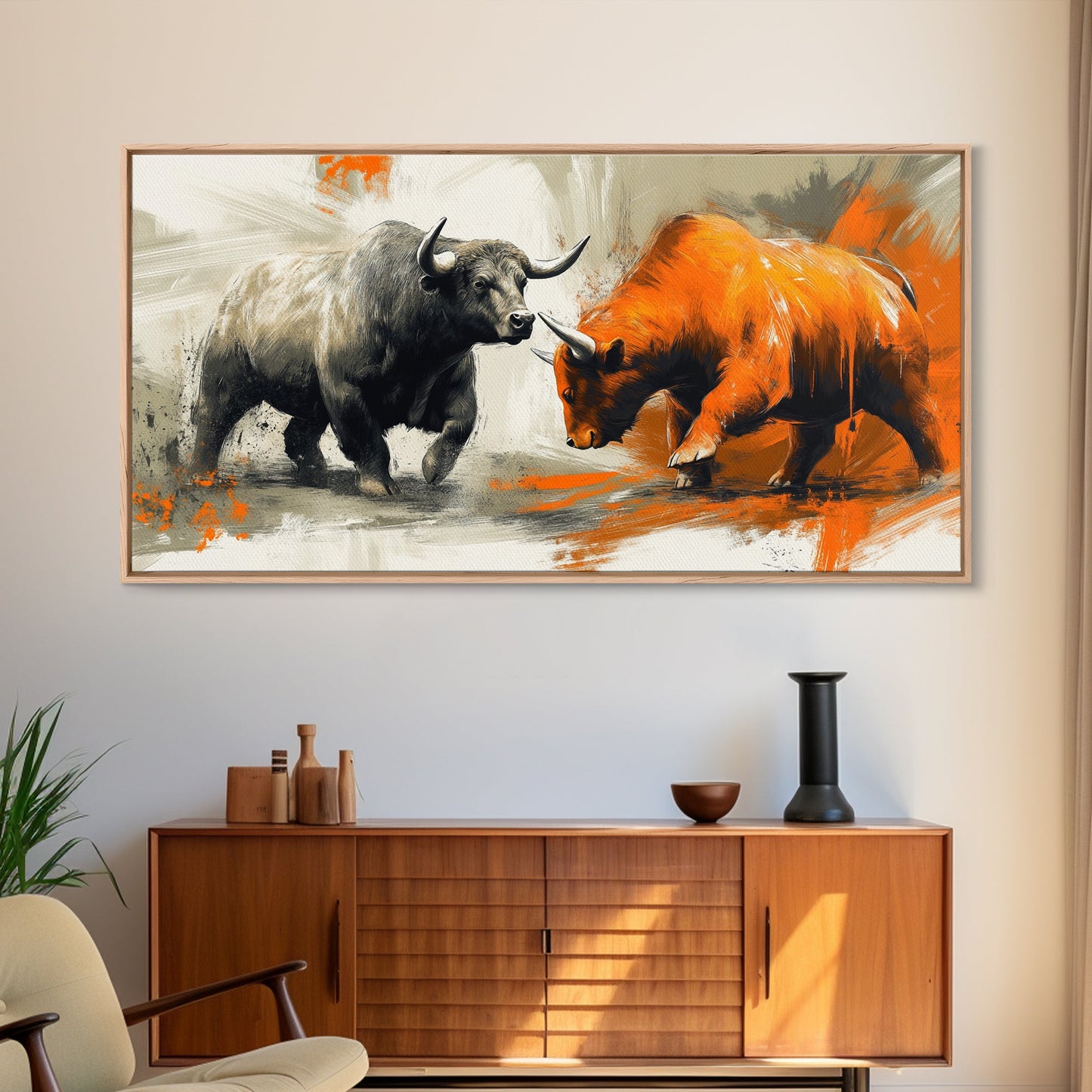 Moderner Leinwanddruck mit Stier und Bär, gerahmt, Geschenkidee, Kunst für den Finanzmarkt, Wanddekoration, rustikale Kunst über dem Sofa