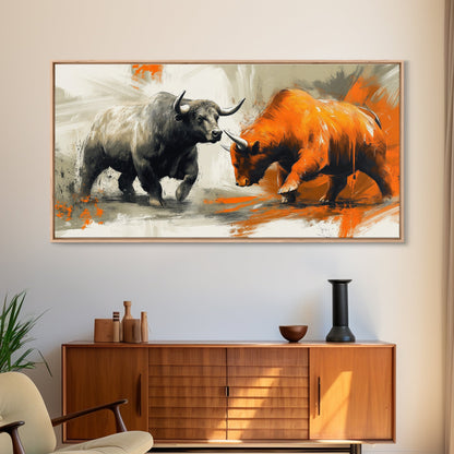 Moderner Leinwanddruck mit Stier und Bär, gerahmt, Geschenkidee, Kunst für den Finanzmarkt, Wanddekoration, rustikale Kunst über dem Sofa