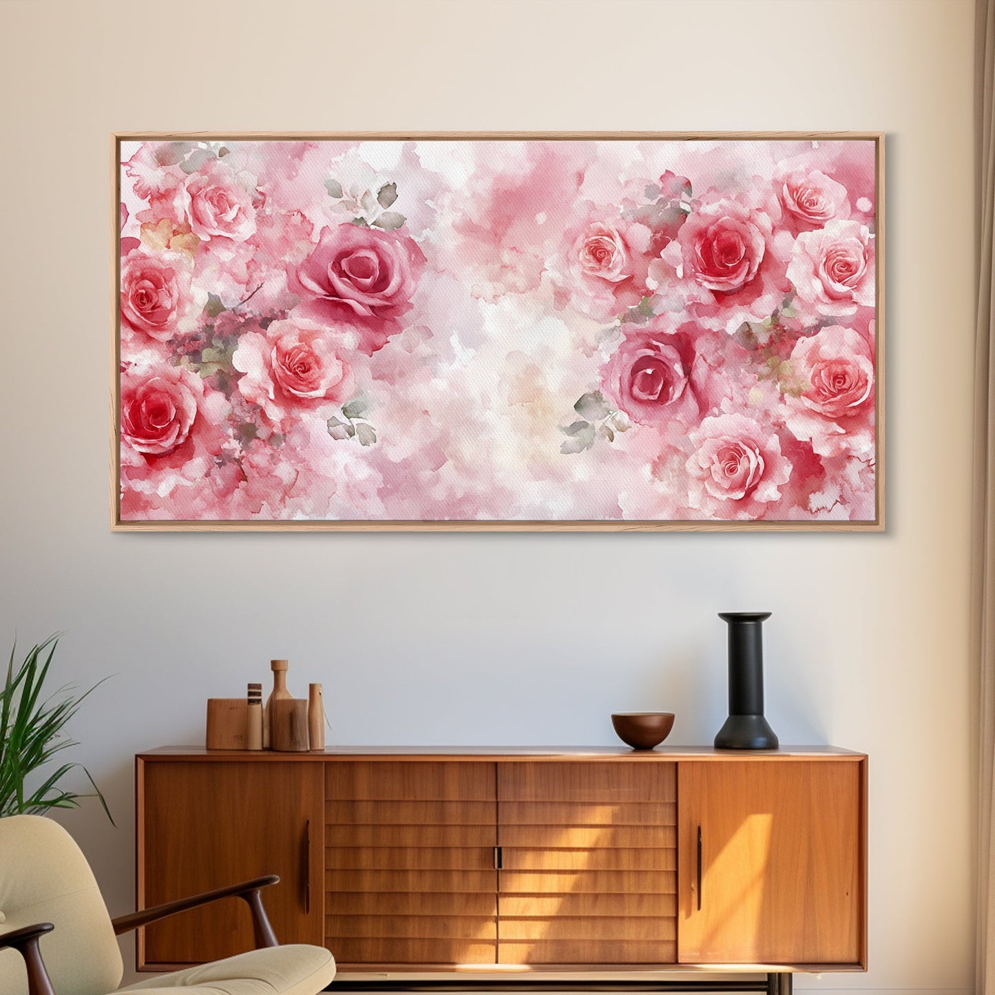 Romantic Rose Painting Framed Canvas Print Featuring Rose Painting and Pink Wall Art Botanical Prints Rustic Art Living Room Decor