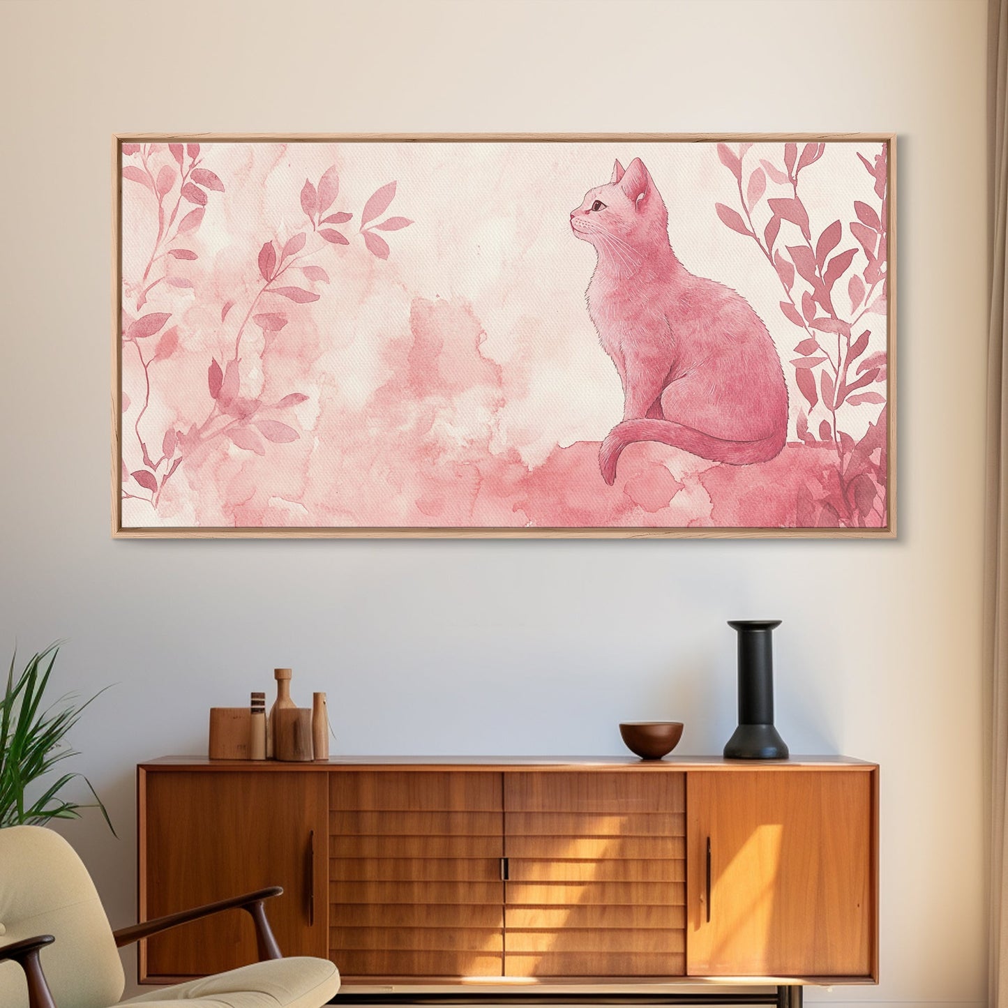 Whimsical Pink Cat Canvas Print Featuring Pink Wall Art Minimalist Art Botanical Prints Light Pink Wall Art Farmhouse Rustic Decor
