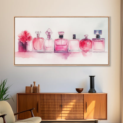 Pink Perfume Painting Framed Canvas Print, Light Pink Bedroom Art Coastal Cowgirl Wall Art, Minimalist Art Rustic Decor Gift Idea