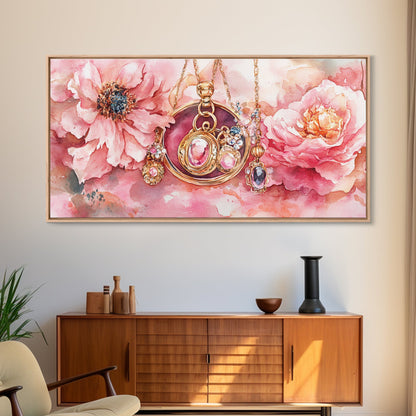 Leinwanddruck mit rosafarbenem Edelsteinschmuck, feminin-elegantes Kunstwerk, glamouröses Rosenbild, Wanddekoration fürs Wohnzimmer, einzigartiges Deko-Geschenk
