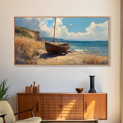 Rustic Sailboat Framed Canvas Print Nautical Wall Art Coastal Landscape Art Barn Landscape Oil Painting Rustic Decor Above Sofa Art