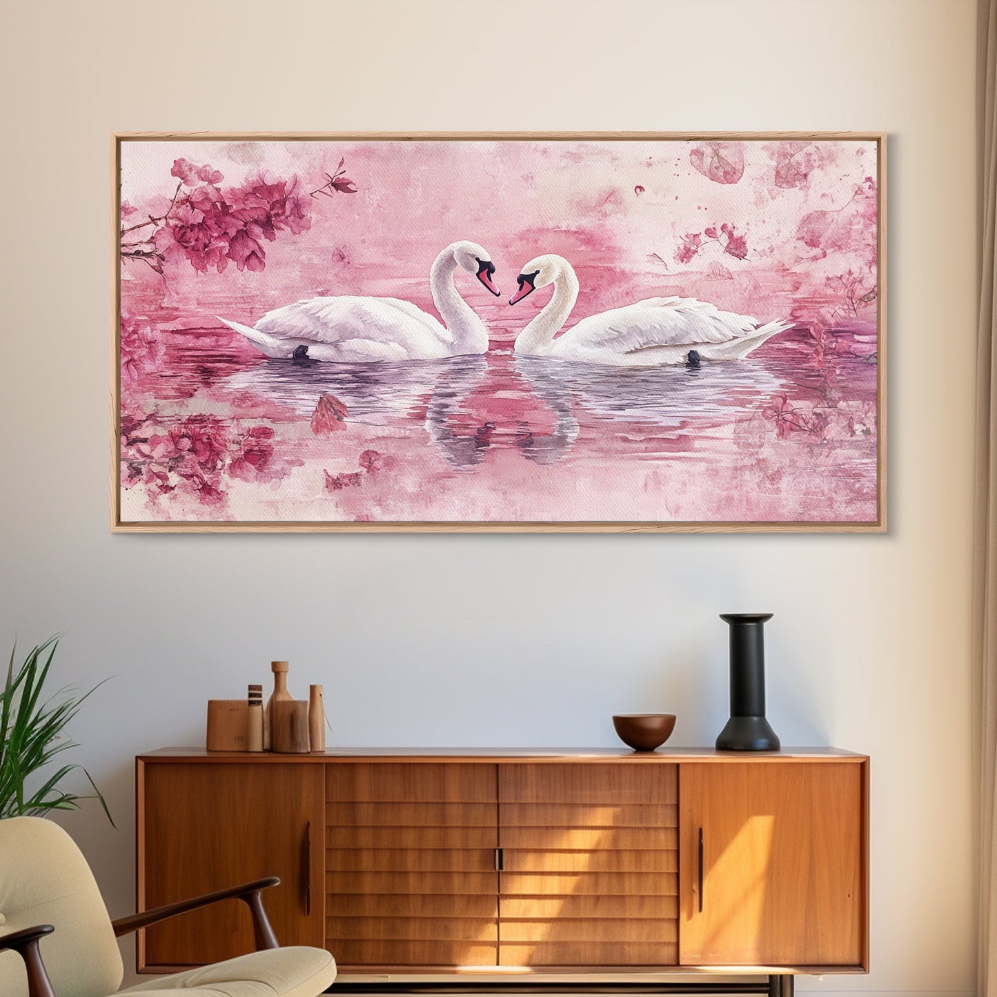 Swan Reflection Watercolor Framed Canvas Print, Romantic Wildlife Art, Cherry Blossom Wall Art, Rustic Farmhouse Decor, Bedroom Art