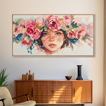 Floral Crown Canvas Print | Goddess Art Print | Pink Abstract Art | Romantic Woman Art | Boho Bedroom Decor Framed Canvas Print