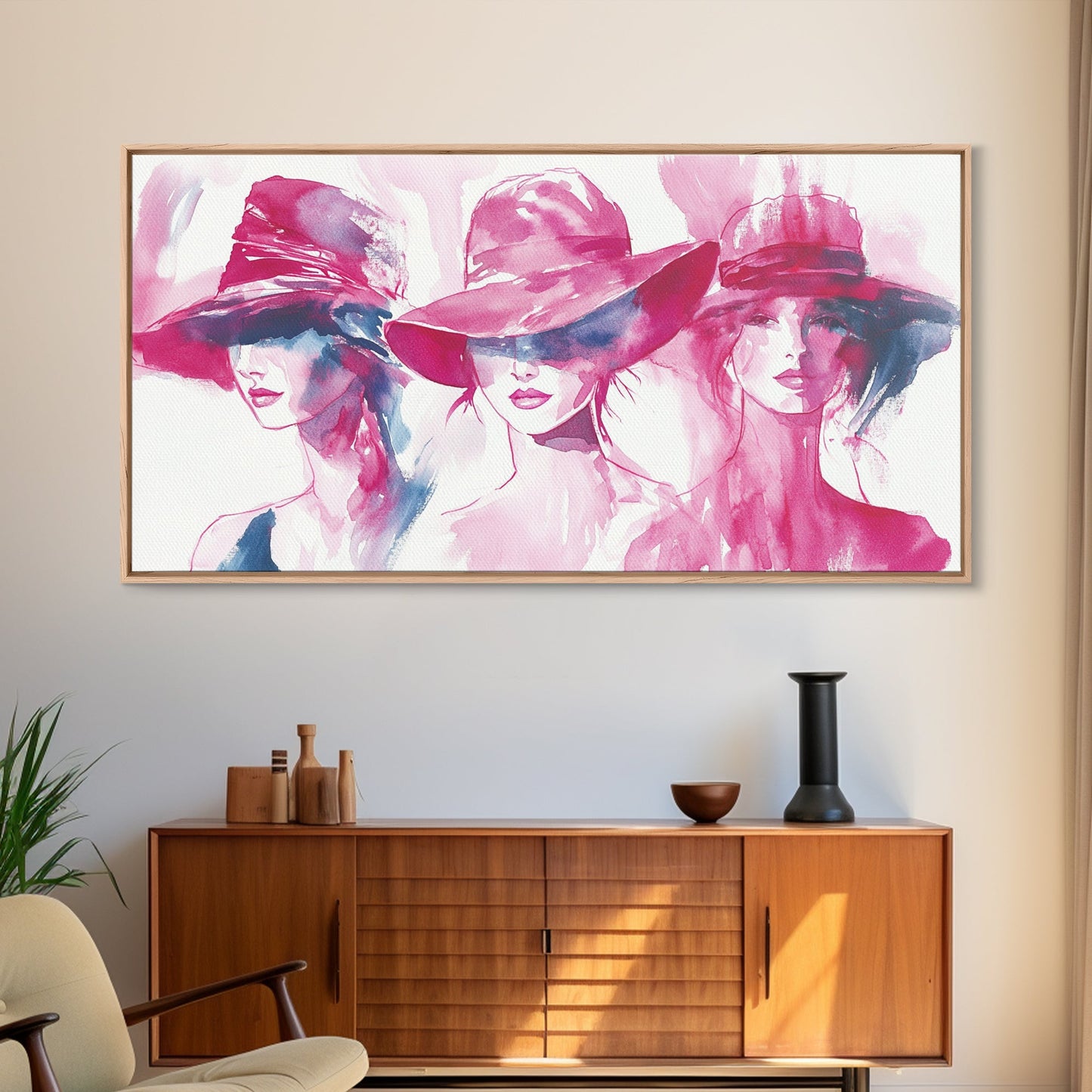 Elegant Hat Ladies Canvas Print, Feminine Pink Abstract Art with Fashion Illustration, Unique Gift Idea for Her Wall Decor