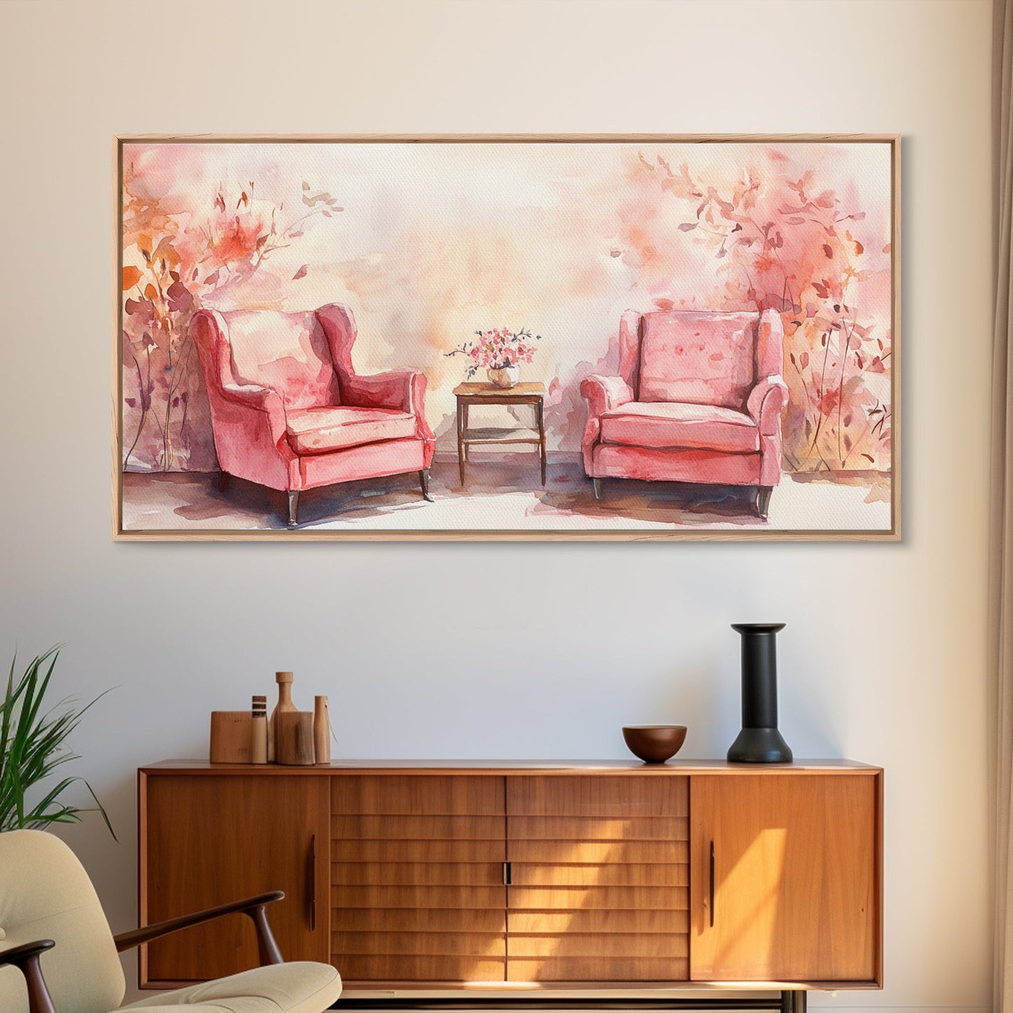 Cozy Pink Living Room Canvas Print with Chairs and Floral Decor, Perfect Rustic Wall Art for Fall or Above Couch Decor, Farmhouse Style