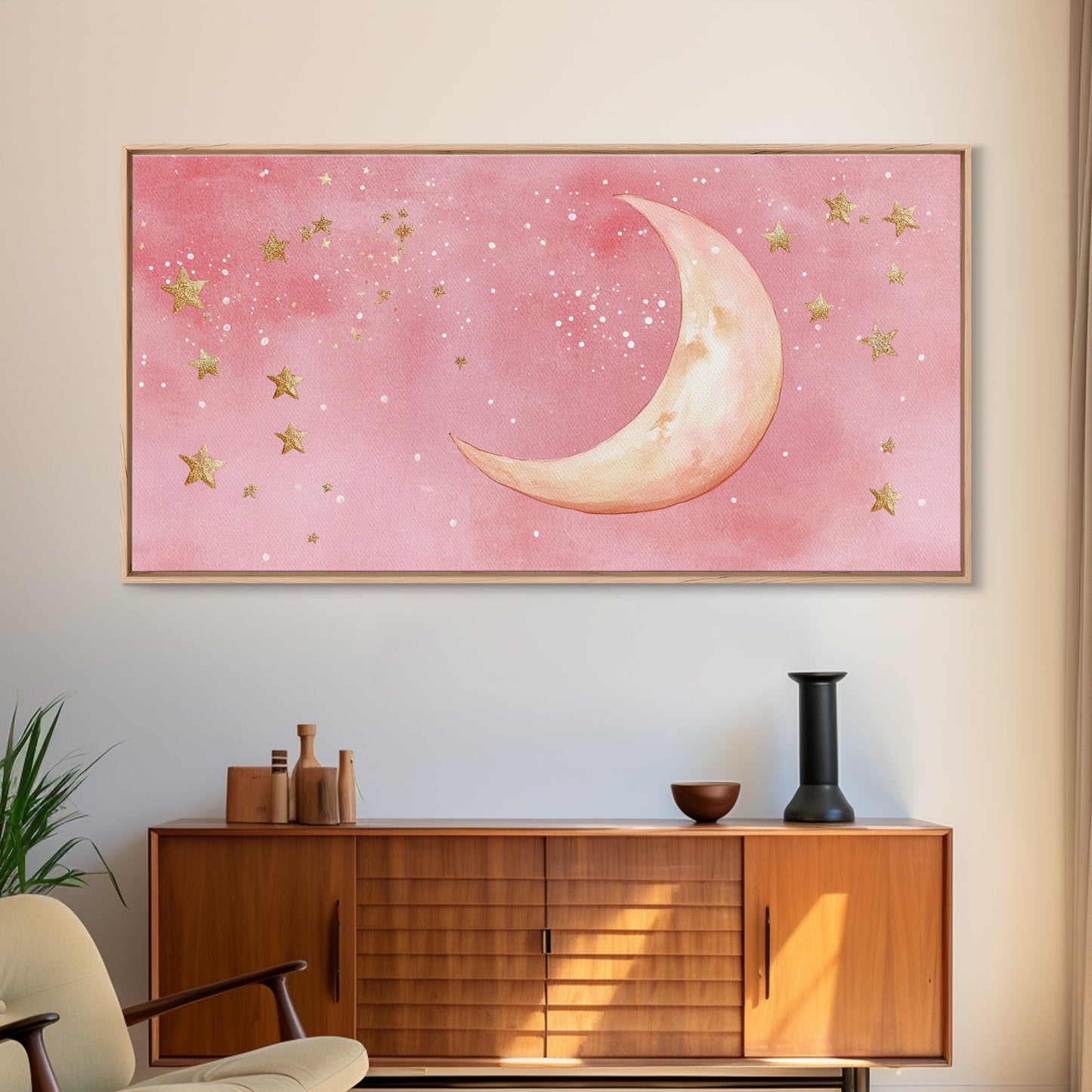 Golden Crescent Moon Canvas Print, Light Pink Wall Art, Whimsical Celestial Art, Bedroom or Dorm Decor, Christmas Gift Idea