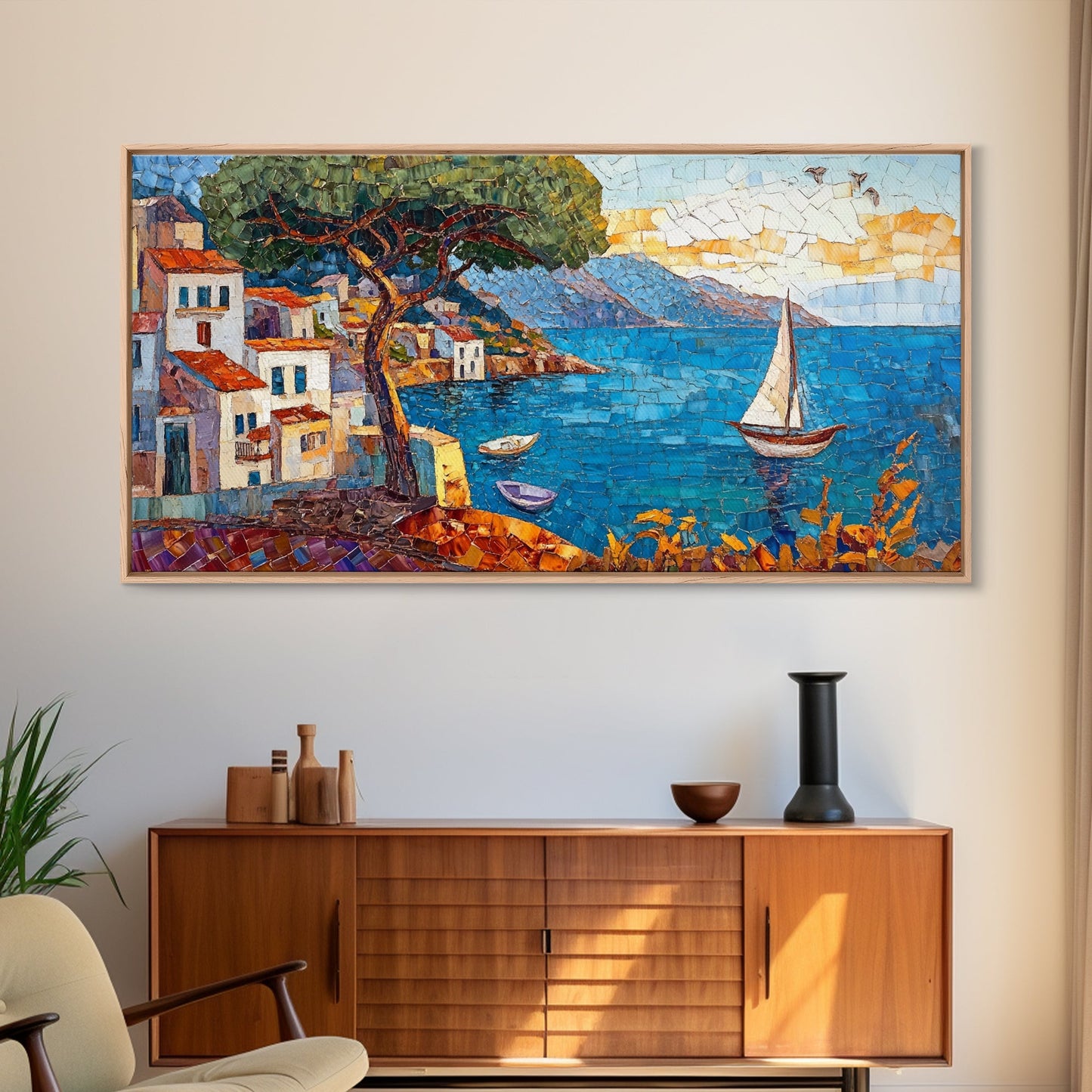 Coastal Sailboat Scene Mosaic Canvas Print - Nautical Decor Seascape Painting - Rustic Fall Wall Art Above Sofa Coastal Home Art