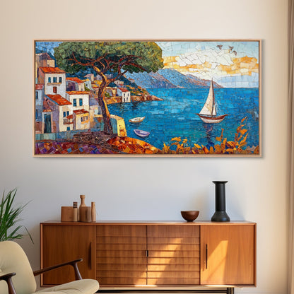 Coastal Sailboat Scene Mosaic Canvas Print - Nautical Decor Seascape Painting - Rustic Fall Wall Art Above Sofa Coastal Home Art