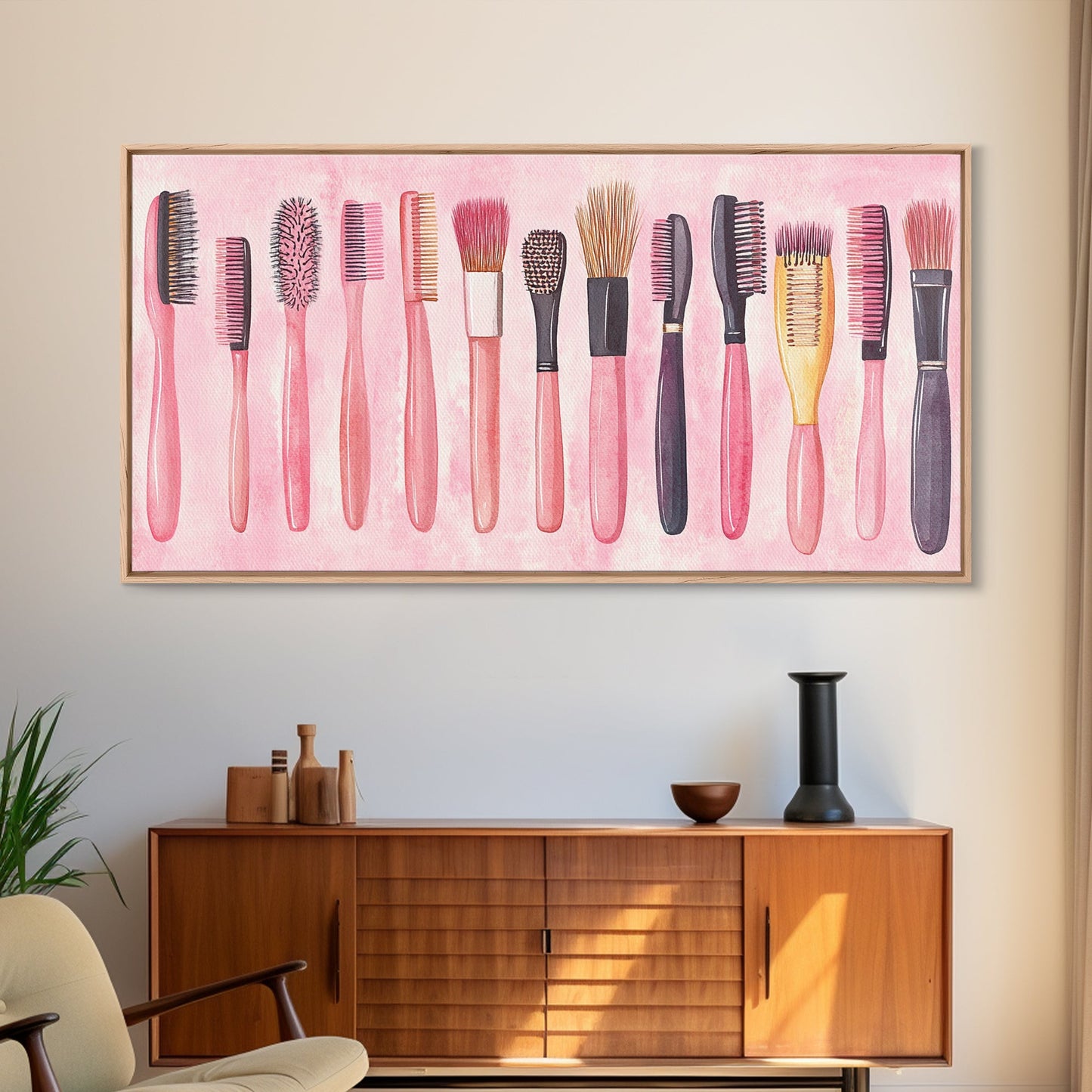 Hairbrush Collection Canvas Print Whimsical Art Pink Wall Art Fun Boho Aesthetic Bathroom Decor Vertical Art Unique Gift Idea