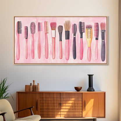 Hairbrush Collection Canvas Print Whimsical Art Pink Wall Art Fun Boho Aesthetic Bathroom Decor Vertical Art Unique Gift Idea