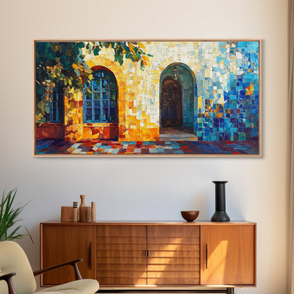 Sunlit Arched Window Framed Canvas Print - Rustic Moroccan Wall Art - Coastal Landscape Art - Farmhouse Decor Bedroom Art