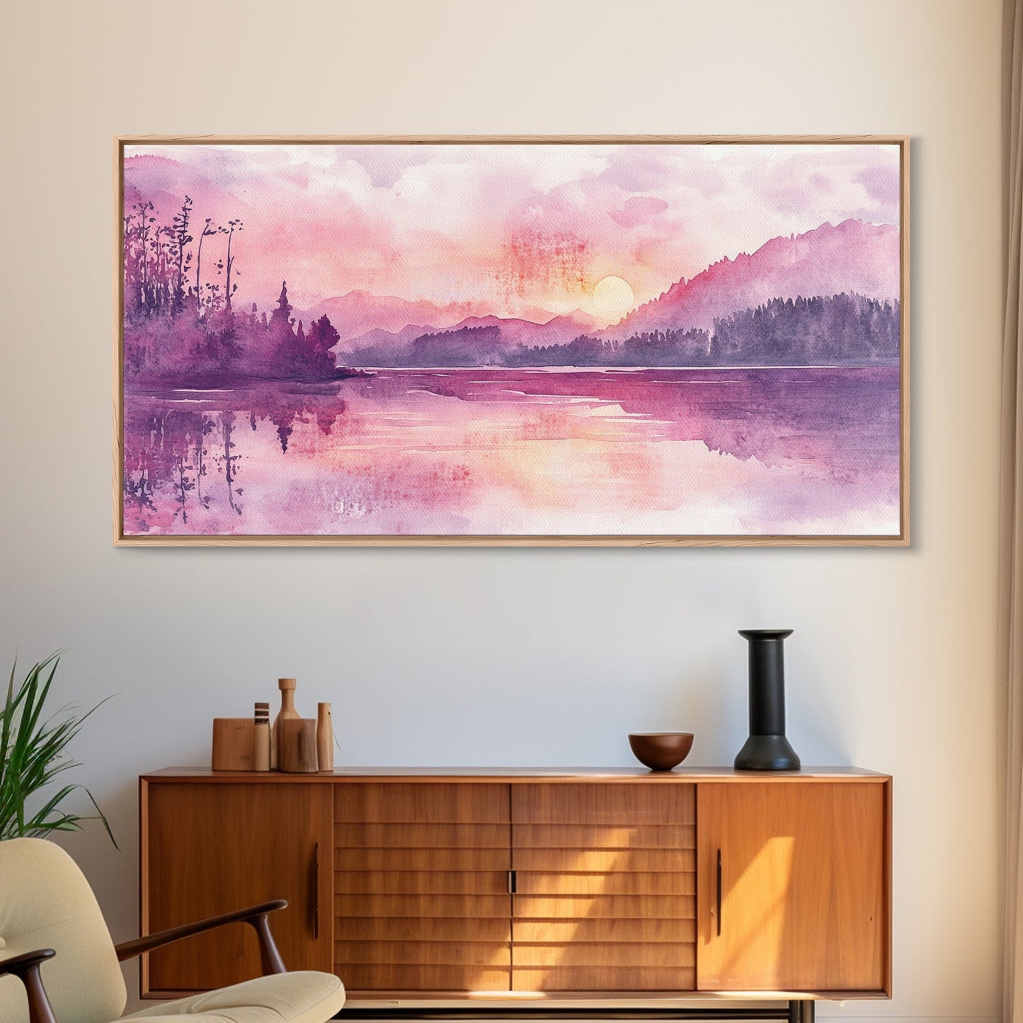 Sunset Landscape Art Framed Canvas Print Pink Orange Wall Art Living Room Art Panoramic Painting Above Couch Art Coastal Decor
