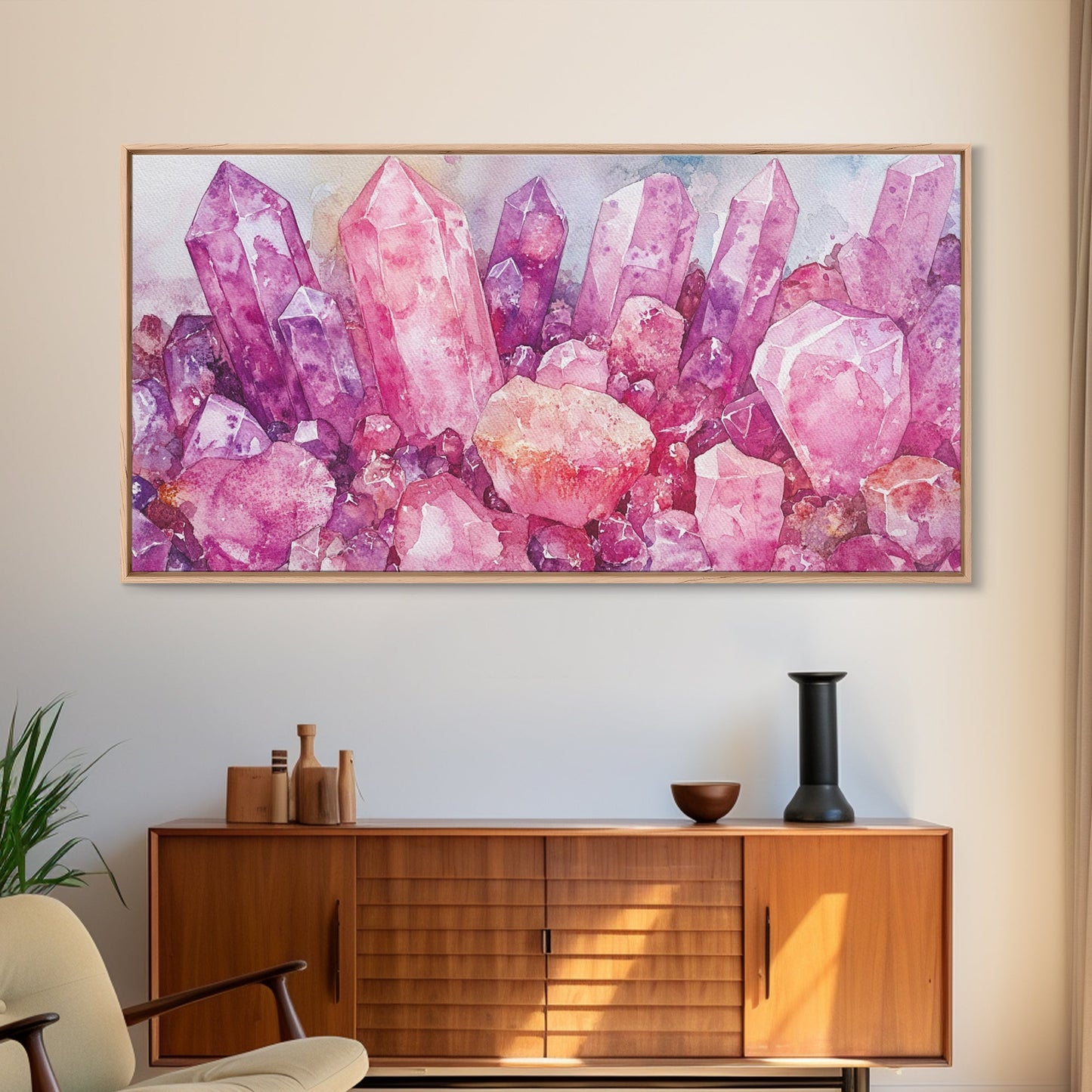 Pink Gemstone Art Framed Canvas Print Sacred Geometry Wall Art Whimsical Art Vertical Wall Art Bedroom Decor Unique Gift Idea