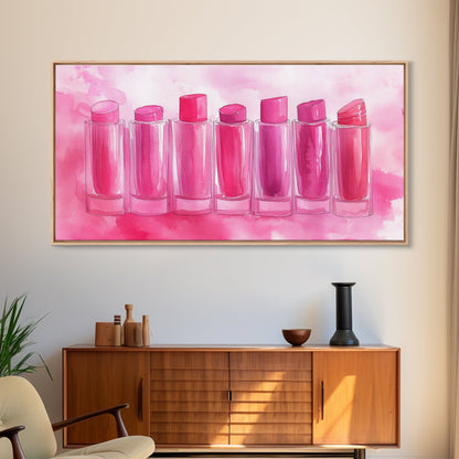 Leinwanddruck „Lippenstiftreihe“ | Rosa Wandbild, verspielte Deko, hellrosa Kunst, feminine Geschenkidee, Wohnzimmerdeko, Deko über dem Sofa