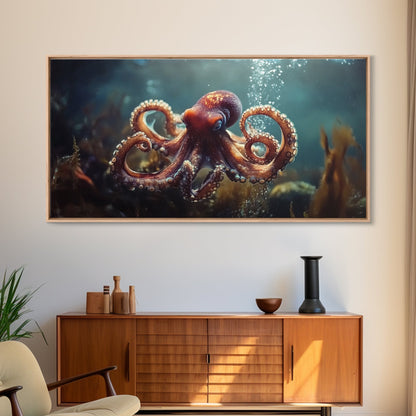 Vibrant Octopus Art Framed Canvas Print, Ocean Wildlife Wall Decor, Rustic Nautical Art, Marine Life Painting, Underwater Sea Art