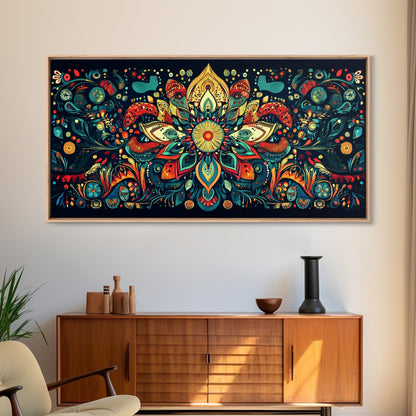 Elaborate Mandala Framed Canvas Print, Vibrant Boho Art, Spiritual Zen Wall Art, Geometric Ethereal Painting, Colorful Sacred Geometry