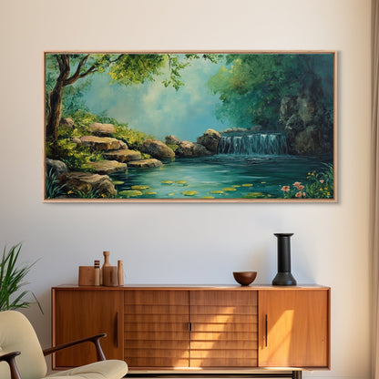 Ruhiges Wasserfall-Landschaftsbild, gerahmter Leinwanddruck, rustikale Wohnzimmerdekoration, friedliche Naturszene, Wandbild im Landhausstil