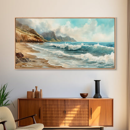 Coastal Landscape Canvas Print with Ocean Waves and Misty Cliffs, Nautical Wall Art Gift Idea, Coastal Decor Beach Painting
