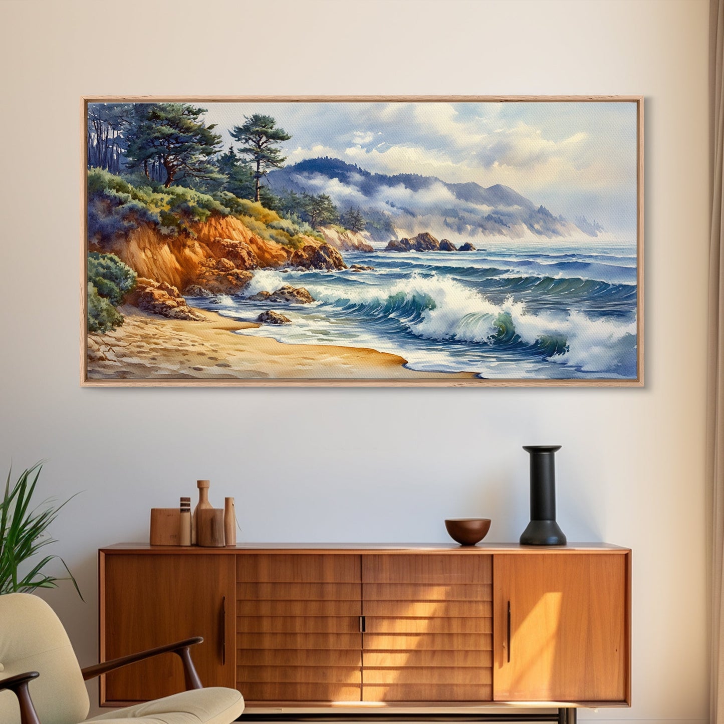 Framed Canvas Print of Scenic Coastal Cliffs and Ocean Waves, Nautical Landscape Art Gift, Rustic Coastal Home Decor