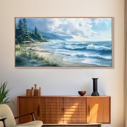 Canvas Print of Misty Coastal Morning Landscape with Rolling Waves, Nautical Wall Art Gift Idea, Serene Coastal Decor