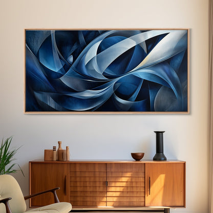 Abstract Blue Swirls Canvas Print, Geometric Wall Art Horizontal Decor, Moody Modern Artwork Gift Idea Living Room Panoramic Art