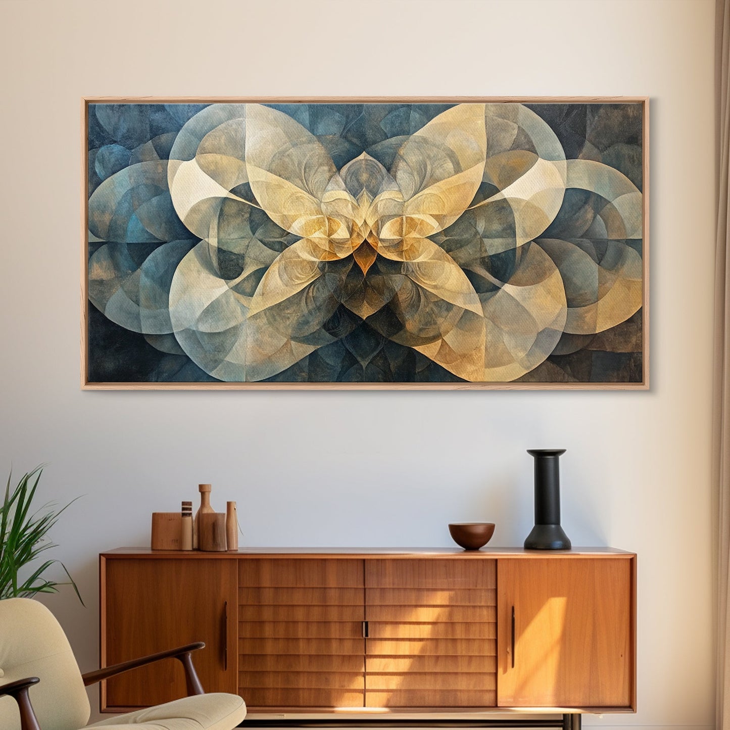 Symmetrical Abstract Framed Canvas Print, Geometric Wall Art Wabi Sabi Decor, Moody Minimalist Artwork Idea Bedroom Horizontal Design
