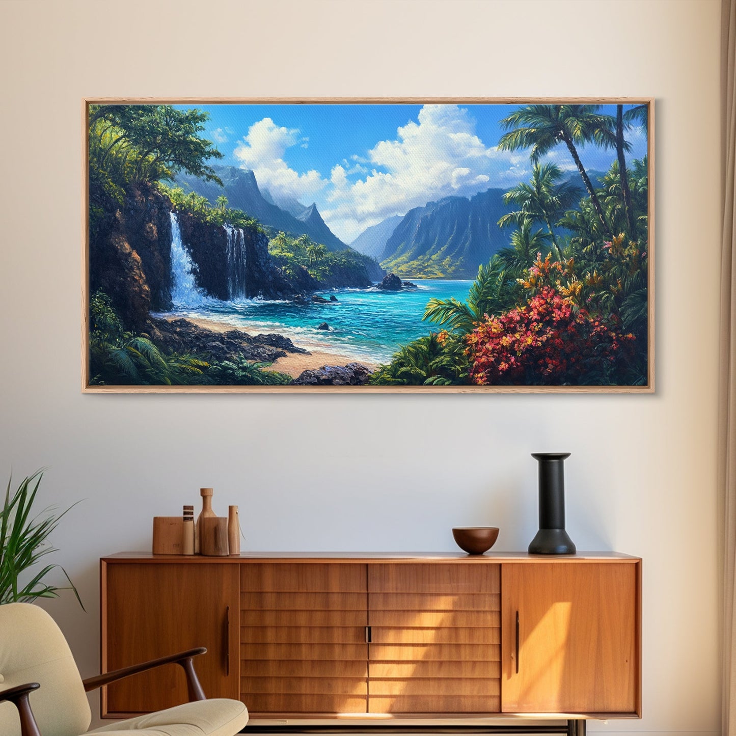 Waterfall Paradise Canvas Print Hawaii Art Coastal Wall Art Above Sofa Decor Rustic Landscape Painting Living Room Art Gift Idea
