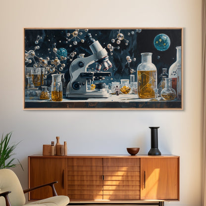 Science Art Framed Canvas Print, Microscope Molecular Wall Decor, Unique Therapy Art, Coastal Modern Living Room Art Gift Idea