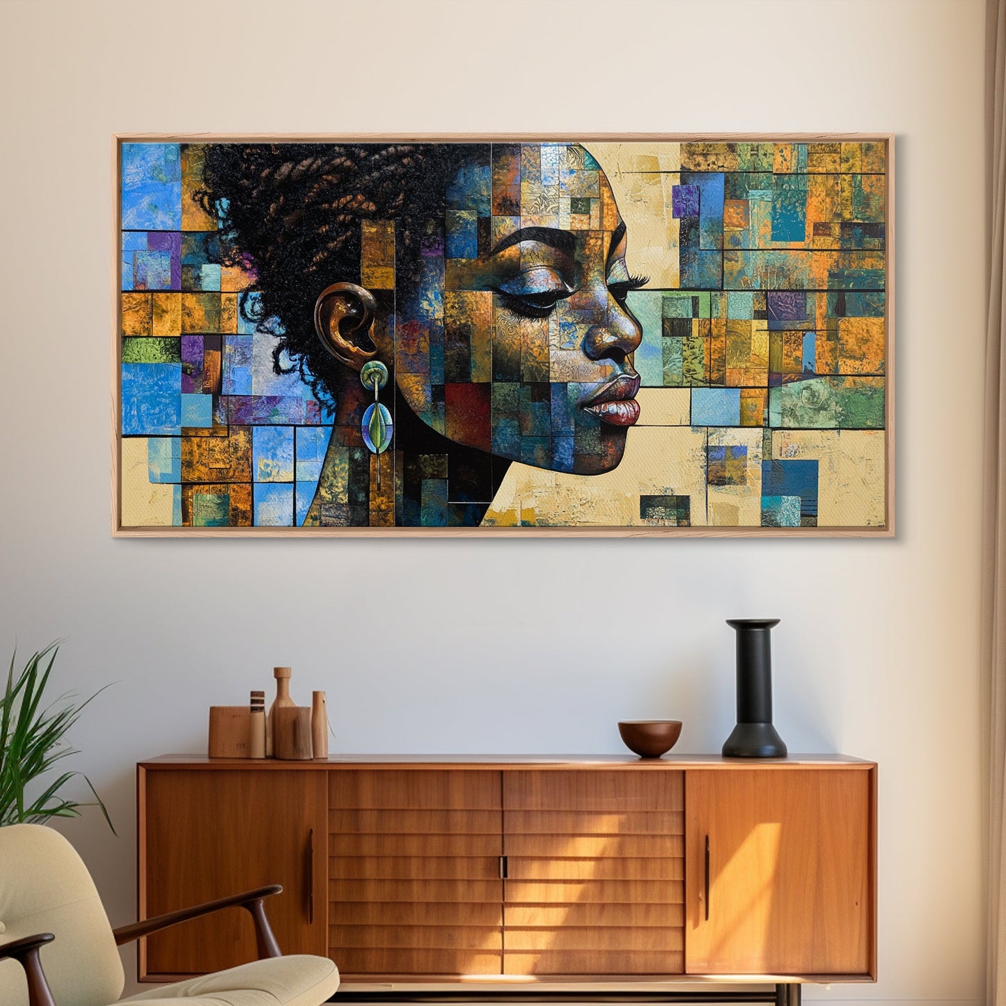 Afrozentrische Wandkunst, gerahmter Leinwanddruck, geometrische afrikanische Kunst, ausdrucksstarke Wohnzimmerdekoration, einzigartige Geschenkidee für stimmungsvolle Kunst, afrikanischer Kunstdruck