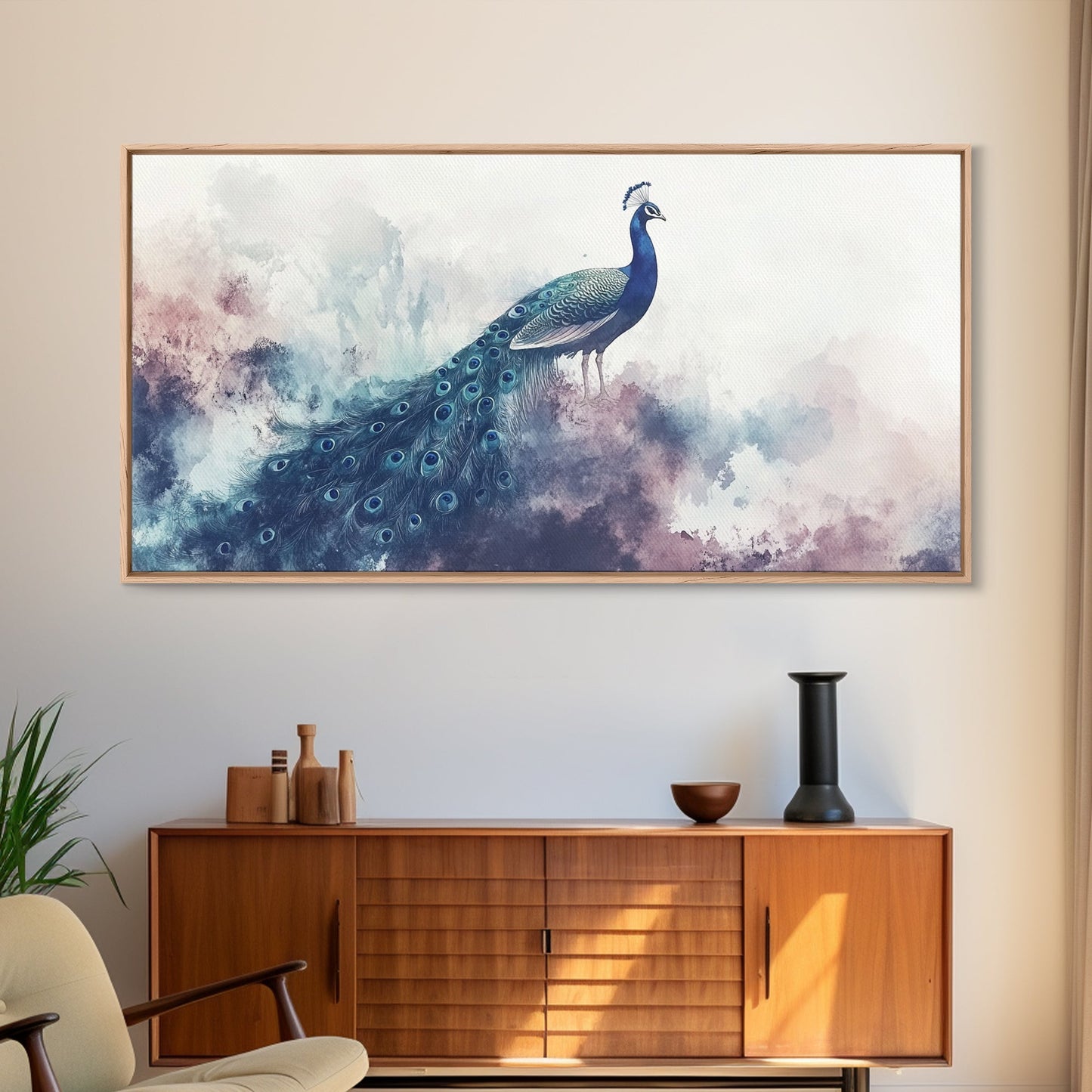 Watercolor Peacock Art Canvas Print, Moody Wildlife Wall Decor, Above Couch Living Room Art, Unique Nature Gift Idea Him Her