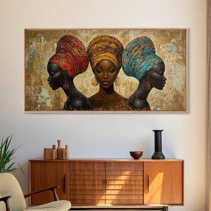 Elegantes Leinwandbild mit afrikanischen Frauen, ausdrucksstarke afrozentrische Wanddekoration, stimmungsvolles abstraktes Gemälde, einzigartige Geschenkidee fürs Schlafzimmer