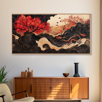 Japanese Inspired Framed Canvas Print Featuring Chinoiserie Wall Art and Autumn Tree Painting Unique Horizontal Living Room Art
