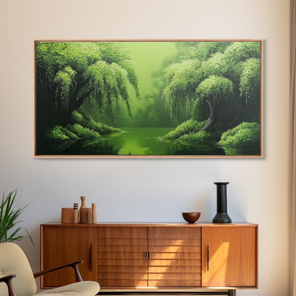 Willow Grove Framed Canvas Print, Tranquil Forest Landscape Wall Art, Sage Green Rustic Home Decor, Above Bed Nature Canvas Art