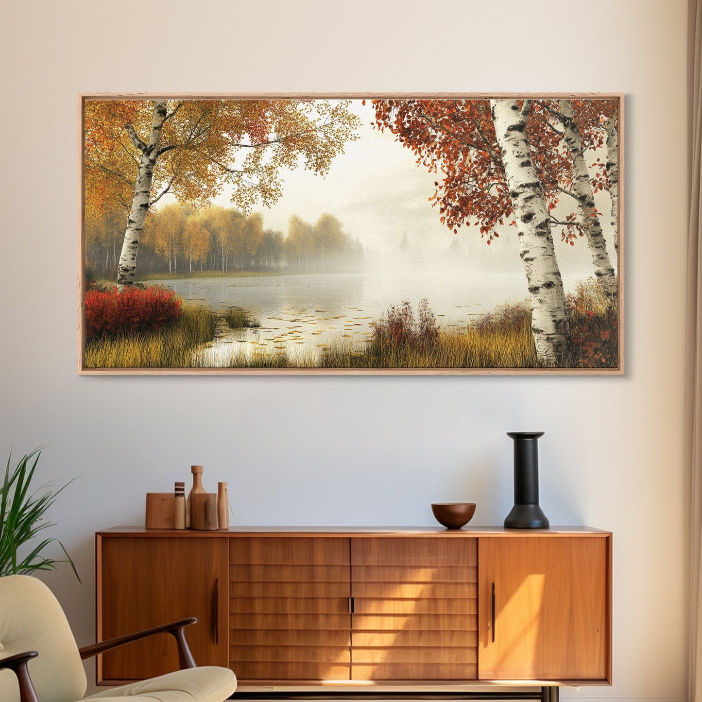 Golden Autumn Mist Canvas Print Featuring Birch Tree Painting and Moody Art Rustic Wall Art Above Sofa Art for Living Room