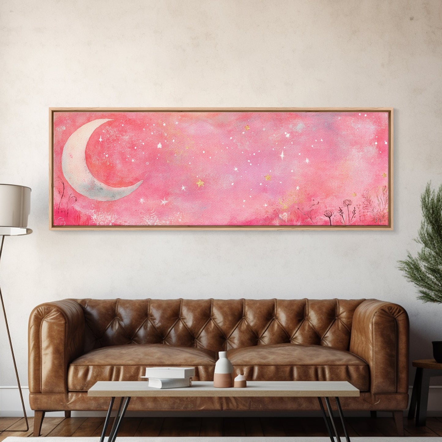 Crescent Moon Painting Canvas Print with Whimsical Starry Sky, Pink Wall Art for Living Room or Guest Room, Dreamy Decor