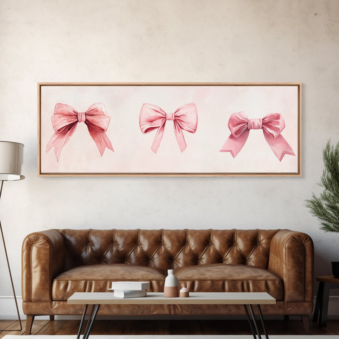 Light Pink Wall Art Canvas Print with Bows Decor, Minimalist Painting, Bedroom Art, Horizontal Abstract Artwork for Living Room