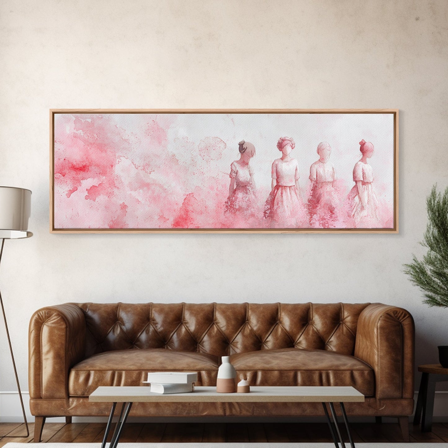 Four Women Canvas Print in Pink Abstract Art Style, Feminine Whimsical Aesthetic, Minimalist Living Room or Guest Room Horizontal Art
