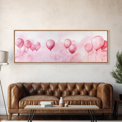 Balloon Painting Framed Canvas Print in Pastel Pink Hues, Whimsical Horizontal Artwork, Light Pink Wall Art for Living Room Decor