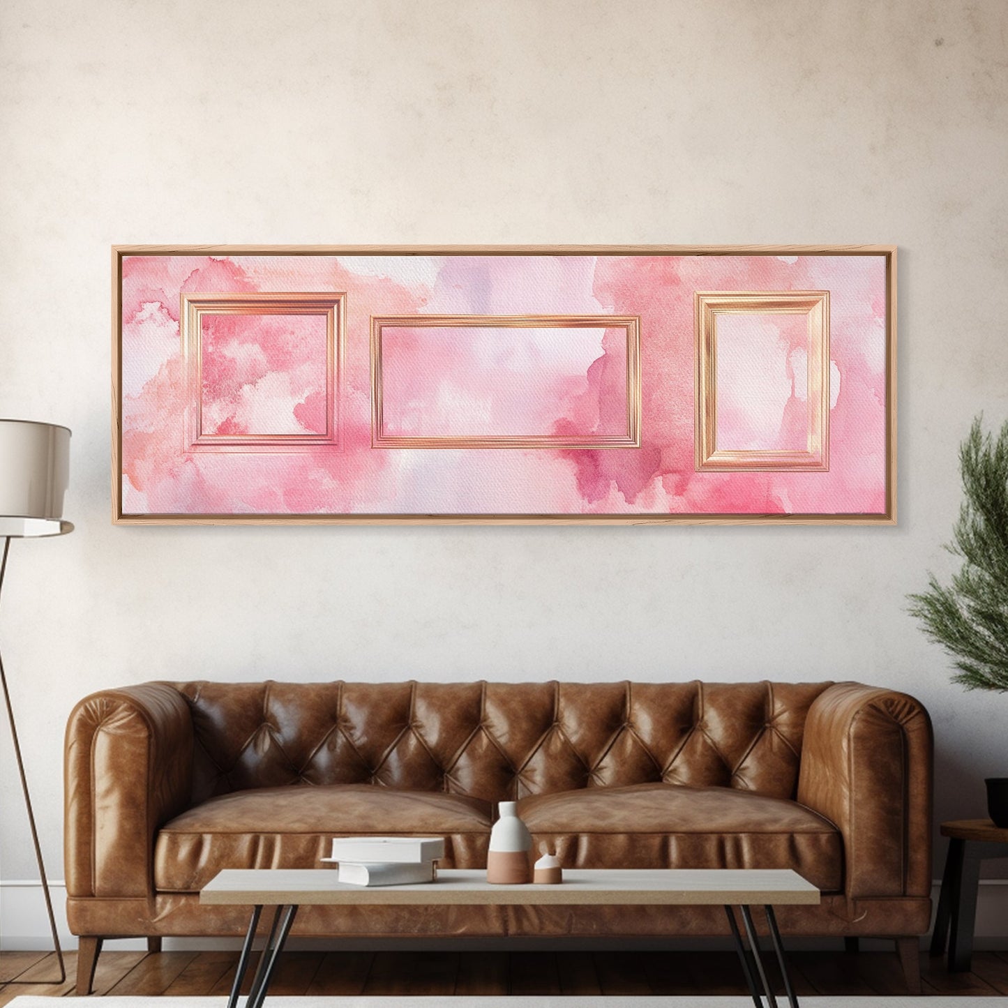 Golden Frames Canvas Print Light Pink Wall Art Minimalist Decor Modern Artistic Horizontal Artwork Boho Home Gift Idea