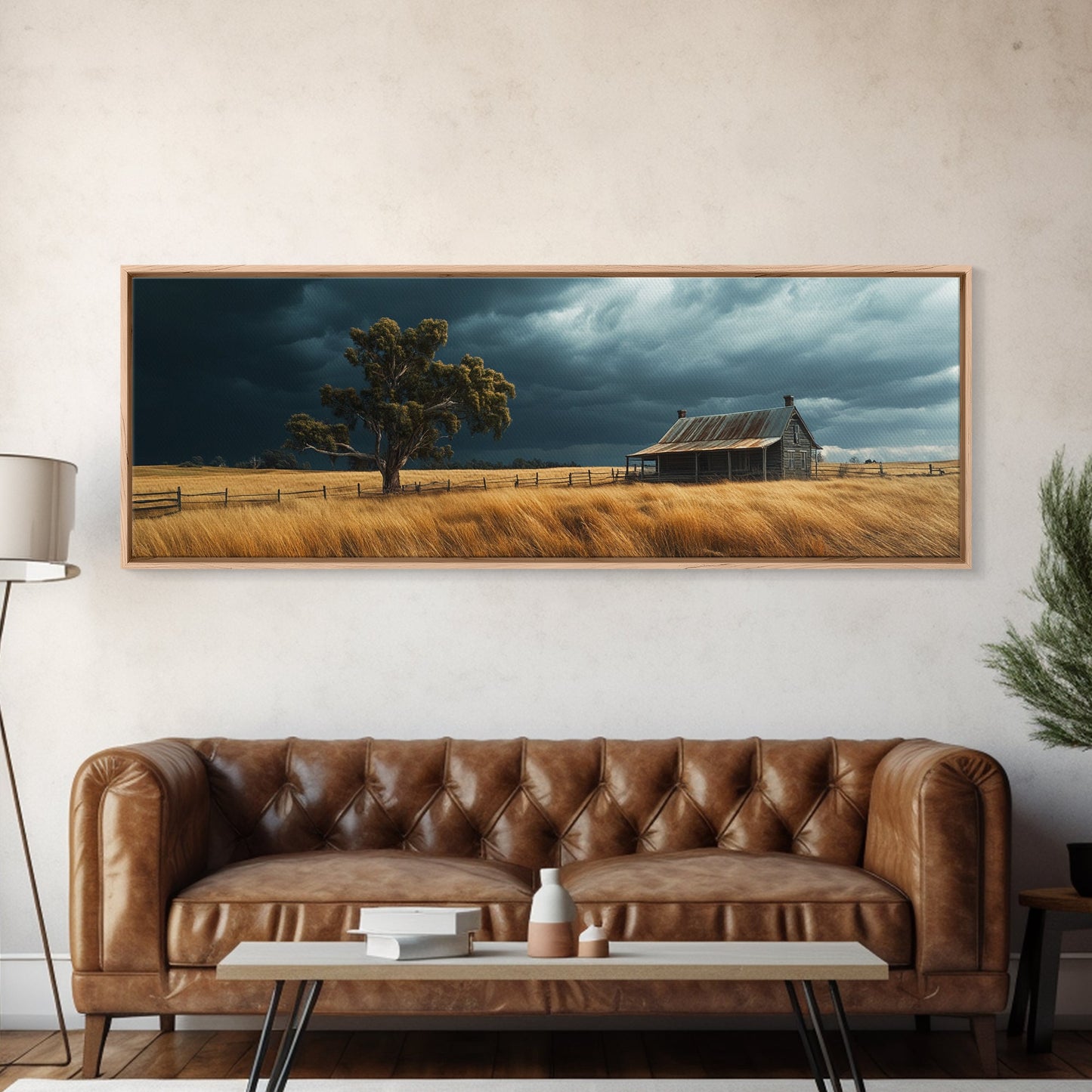 Stormy Farmhouse Canvas Print Rustic Landscape Painting Smoky Mountain Art Horizontal Panoramic Wall Living Room Autumn Decor
