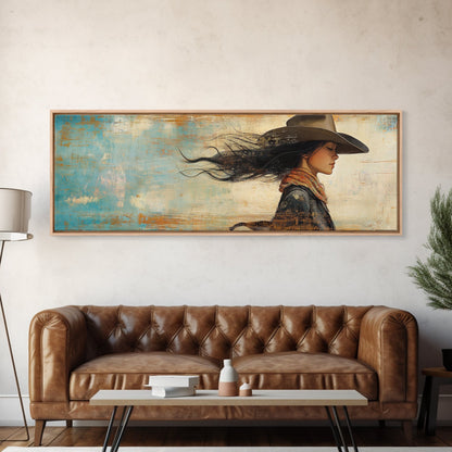 Cowgirl Canvas Print Southwest Wall Art Minimalist Boho Art Afrocentric Painting Extra Wide Horizontal Artwork Decor
