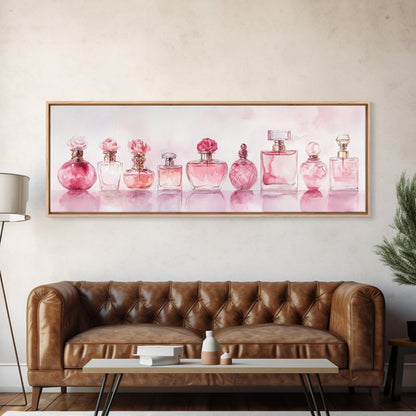 Framed Canvas Print Perfume Bottle Art Pink Abstract Art Feminine Decor Gift Idea Minimalist Living Room Wall Art Horizontal Painting