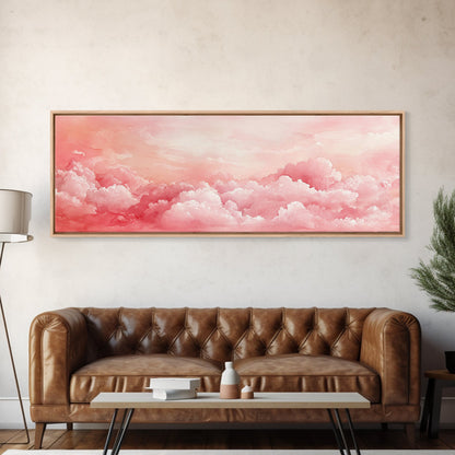 Pink Cloudscape Framed Canvas Print Light Pink Wall Art Above Sofa Horizontal Art Moody Sky Coastal Decor Gift Idea For Her Bedroom Art